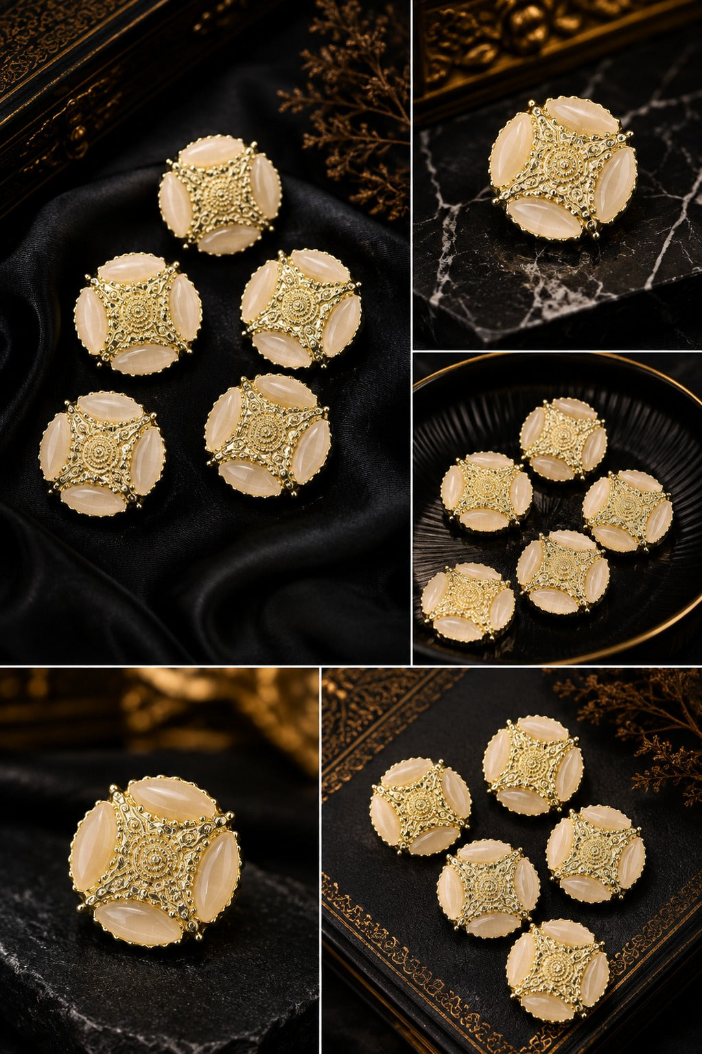 Luxury Ivory Stone Antique Gold Kurta Buttons – Set of 5