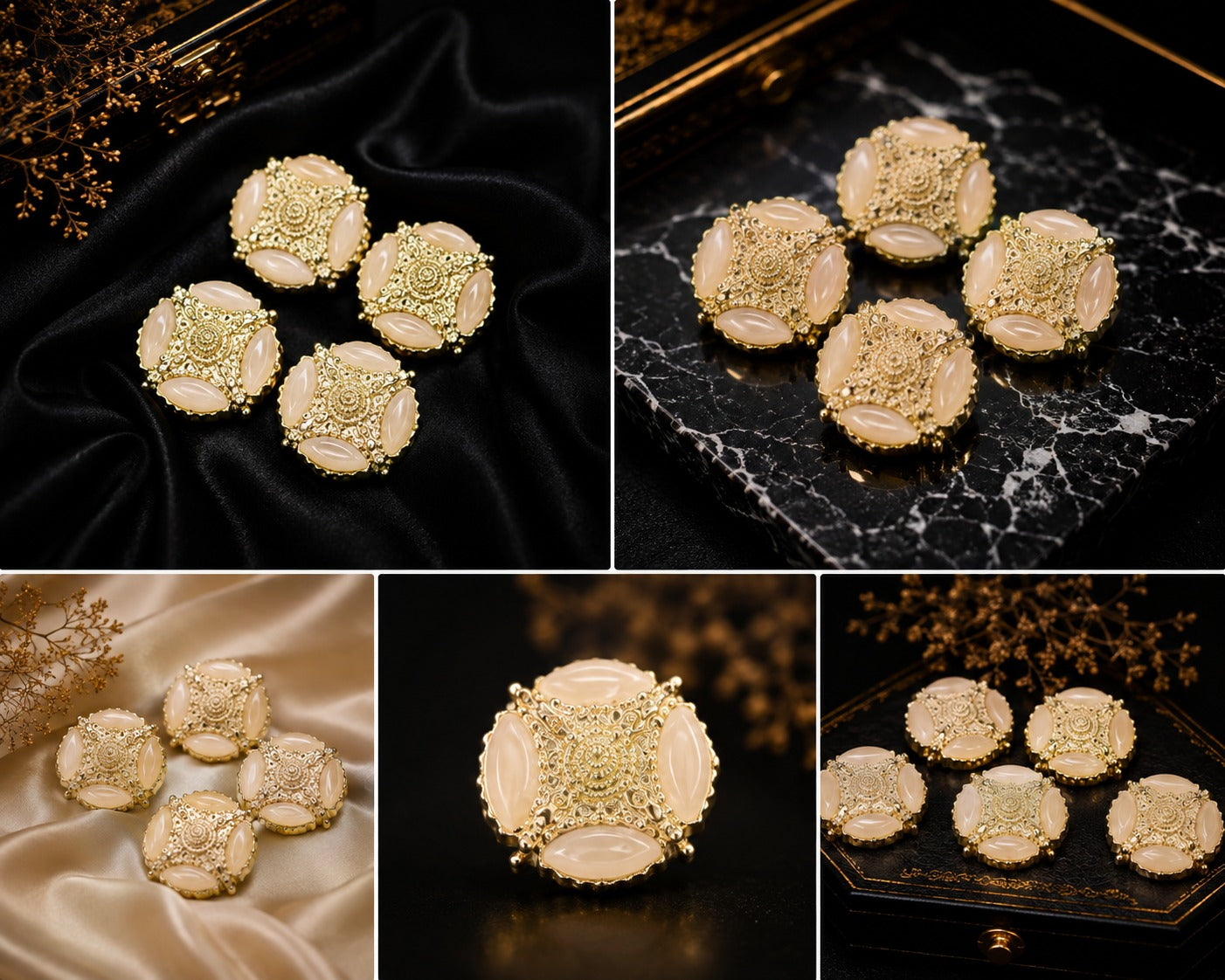 Luxury Ivory Stone Antique Gold Kurta Buttons – Set of 5