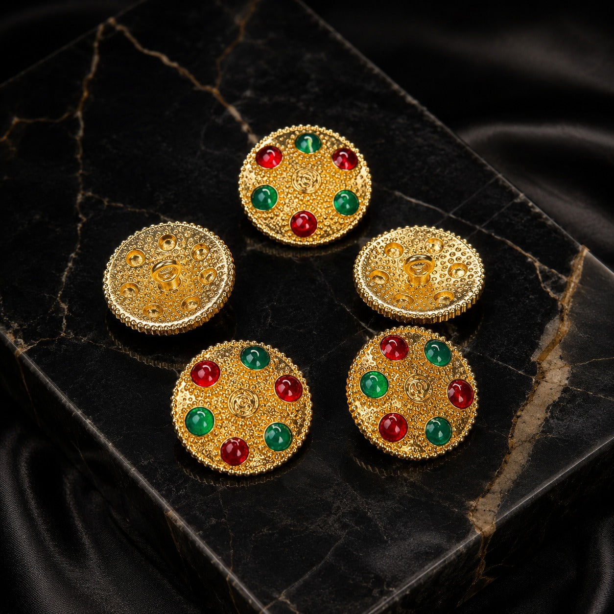 Luxury Red & Green Stone Gold Kurta Buttons – Set of 5