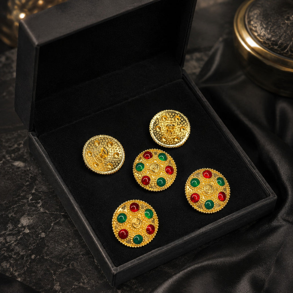 Luxury Red & Green Stone Gold Kurta Buttons – Set of 5