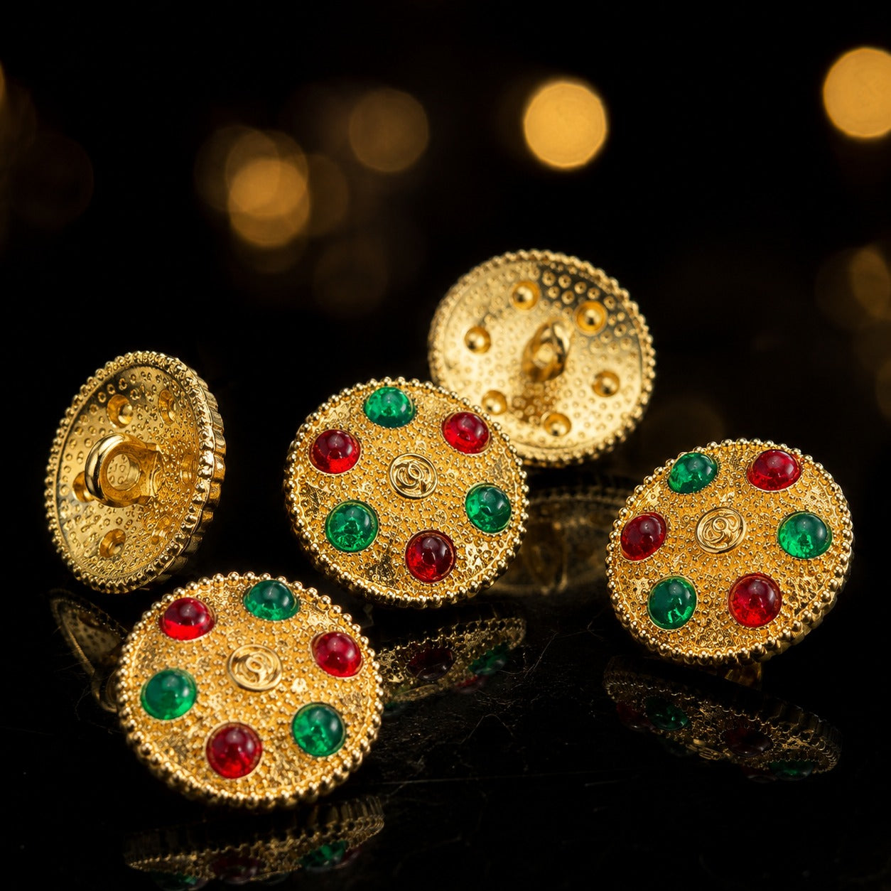Luxury Red & Green Stone Gold Kurta Buttons – Set of 5
