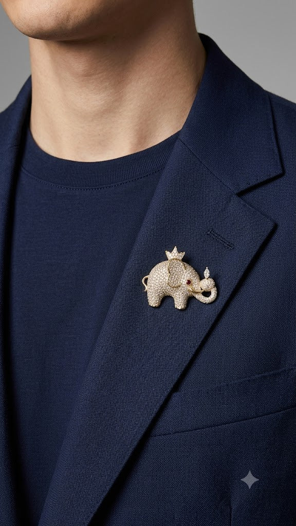 Royal Crowned Elephant Gold & Pave Crystal Lapel Brooch