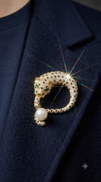 Gold Leopard Brooch with Pearl Drop & Emerald Eyes