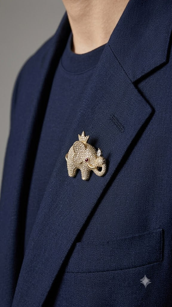 Royal Crowned Elephant Gold & Pave Crystal Lapel Brooch