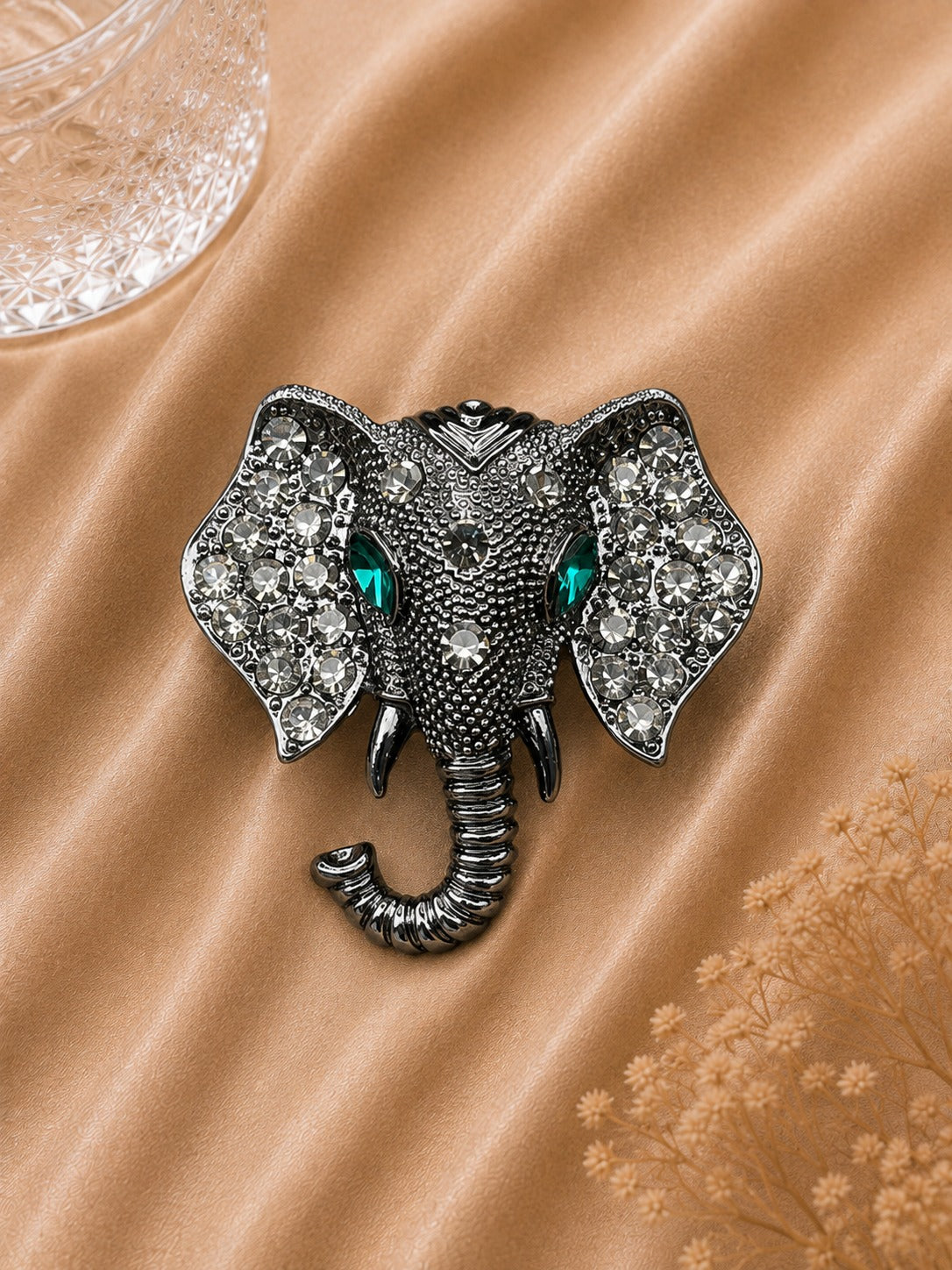 Luxury Black Elephant Brooch with Crystal Ears & Emerald Eyes