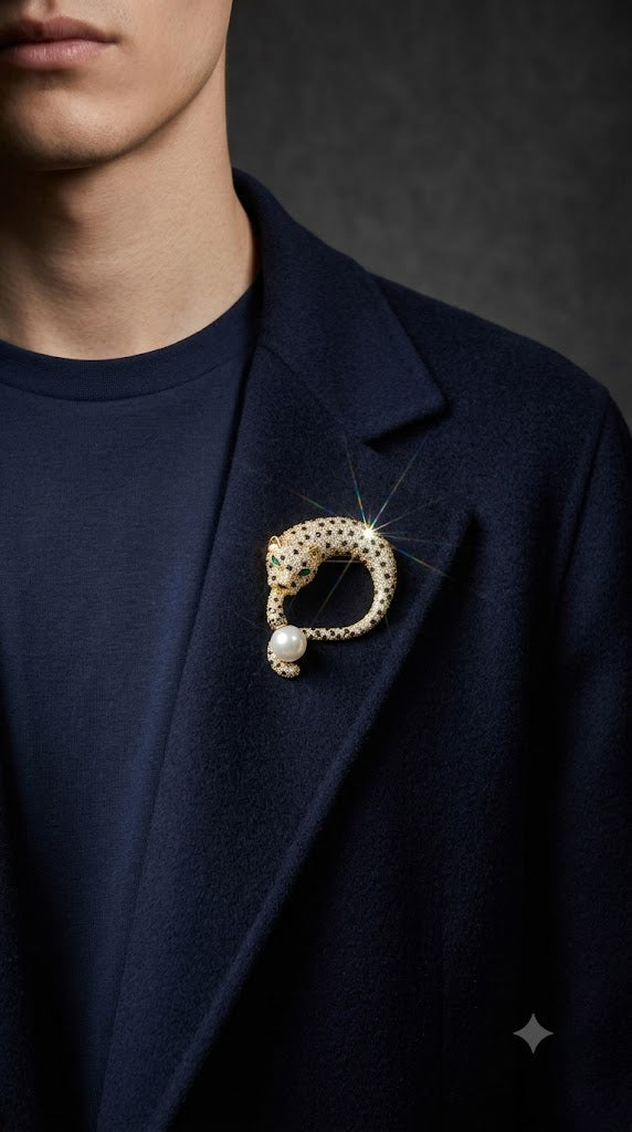 Gold Leopard Brooch with Pearl Drop & Emerald Eyes