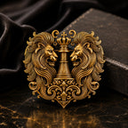 Royal Twin Lion Crest Antique Gold Brooch