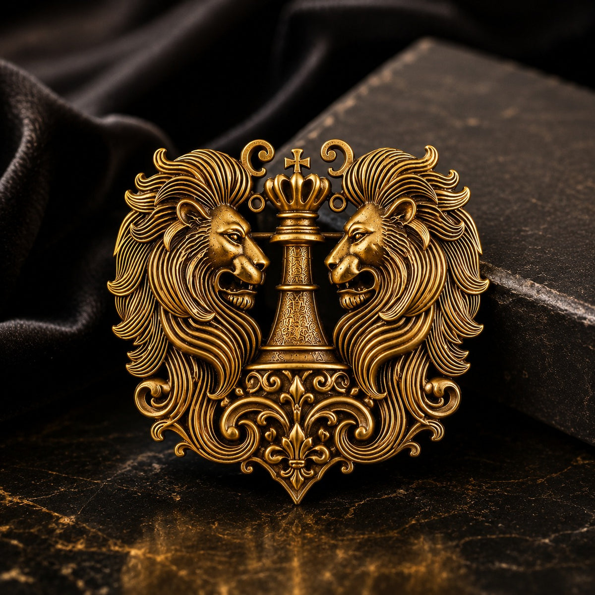 Royal Twin Lion Crest Antique Gold Brooch