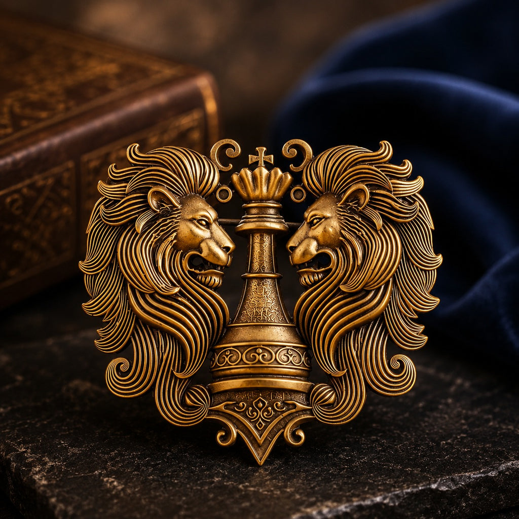 Royal Twin Lion Crest Antique Gold Brooch