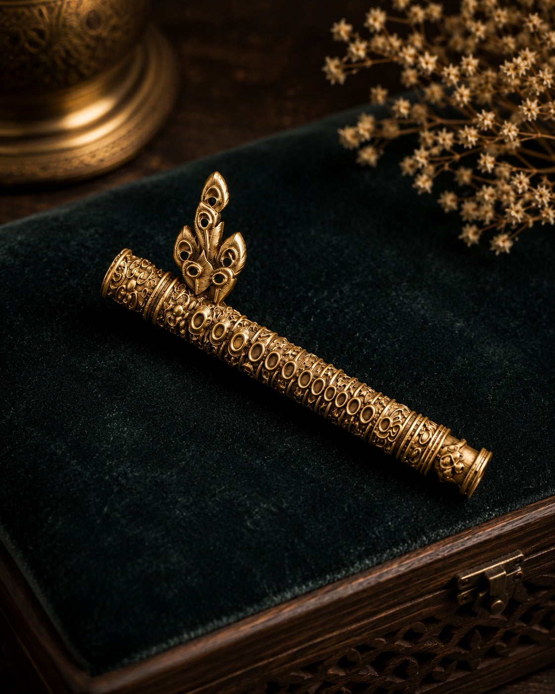 Ethnic Flute Shaped Antique Gold Brooch for Men