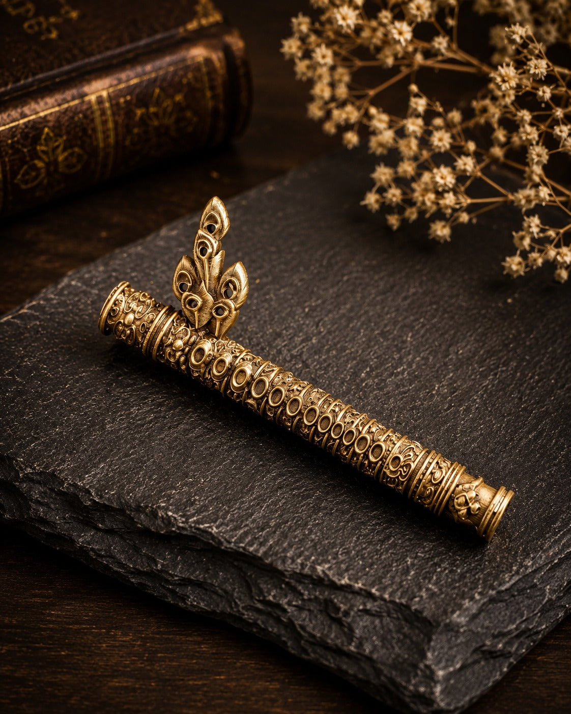 Ethnic Flute Shaped Antique Gold Brooch for Men