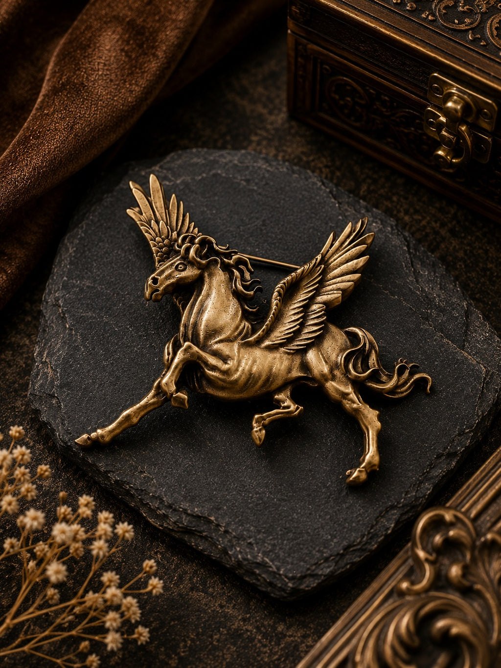 Royal Pegasus Horse Antique Gold Brass Brooch for Men