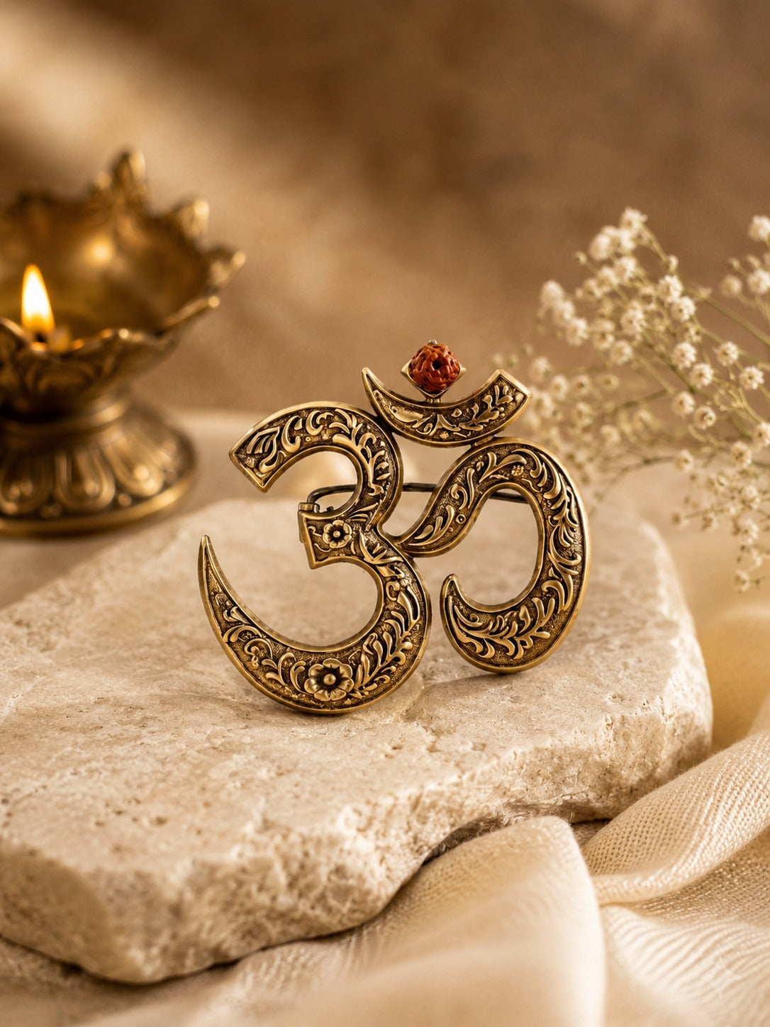 Sacred Om Rudraksha Antique Gold Brooch for Men