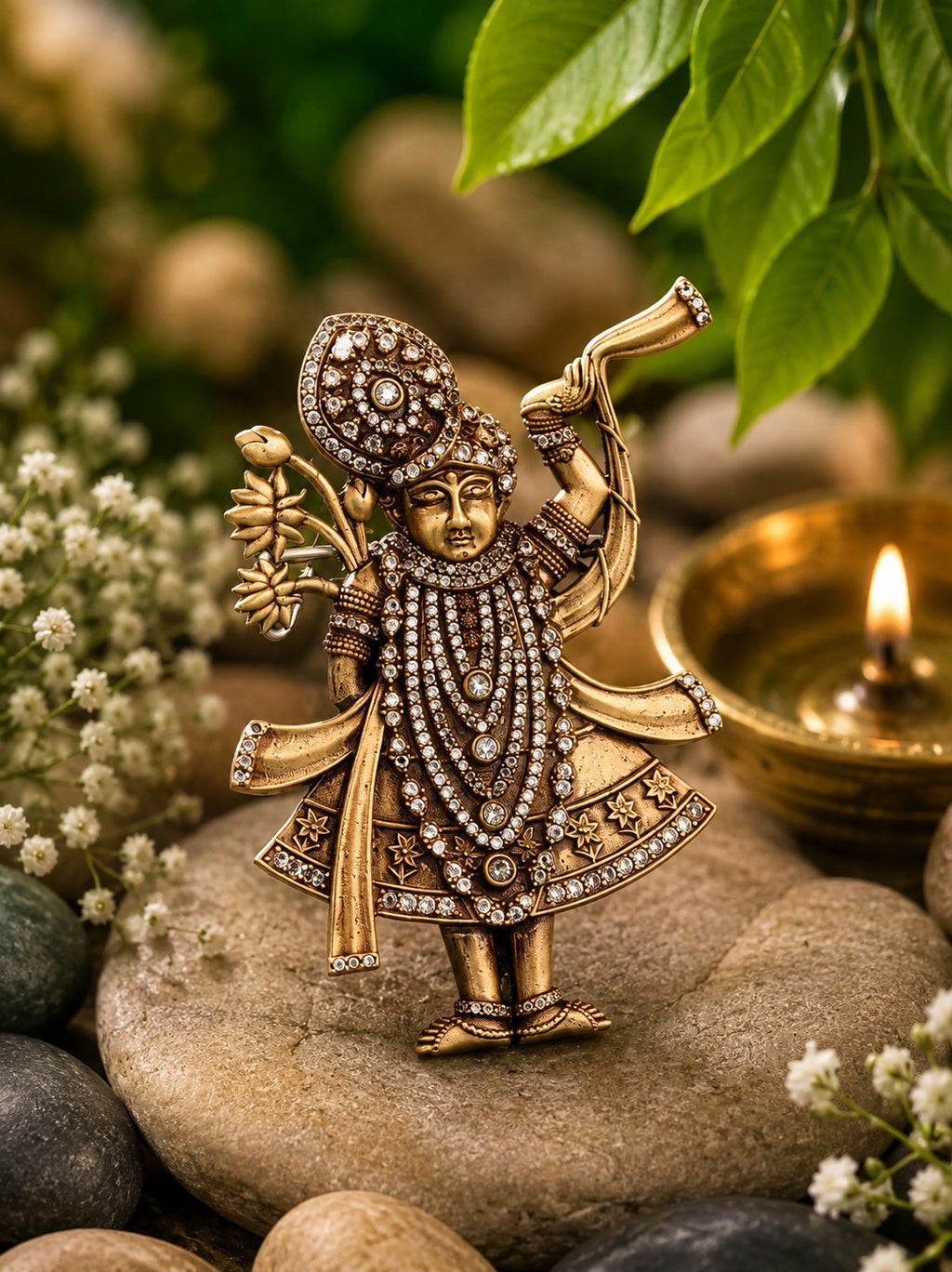 Divine Shrinathji Antique Gold Stone Brooch