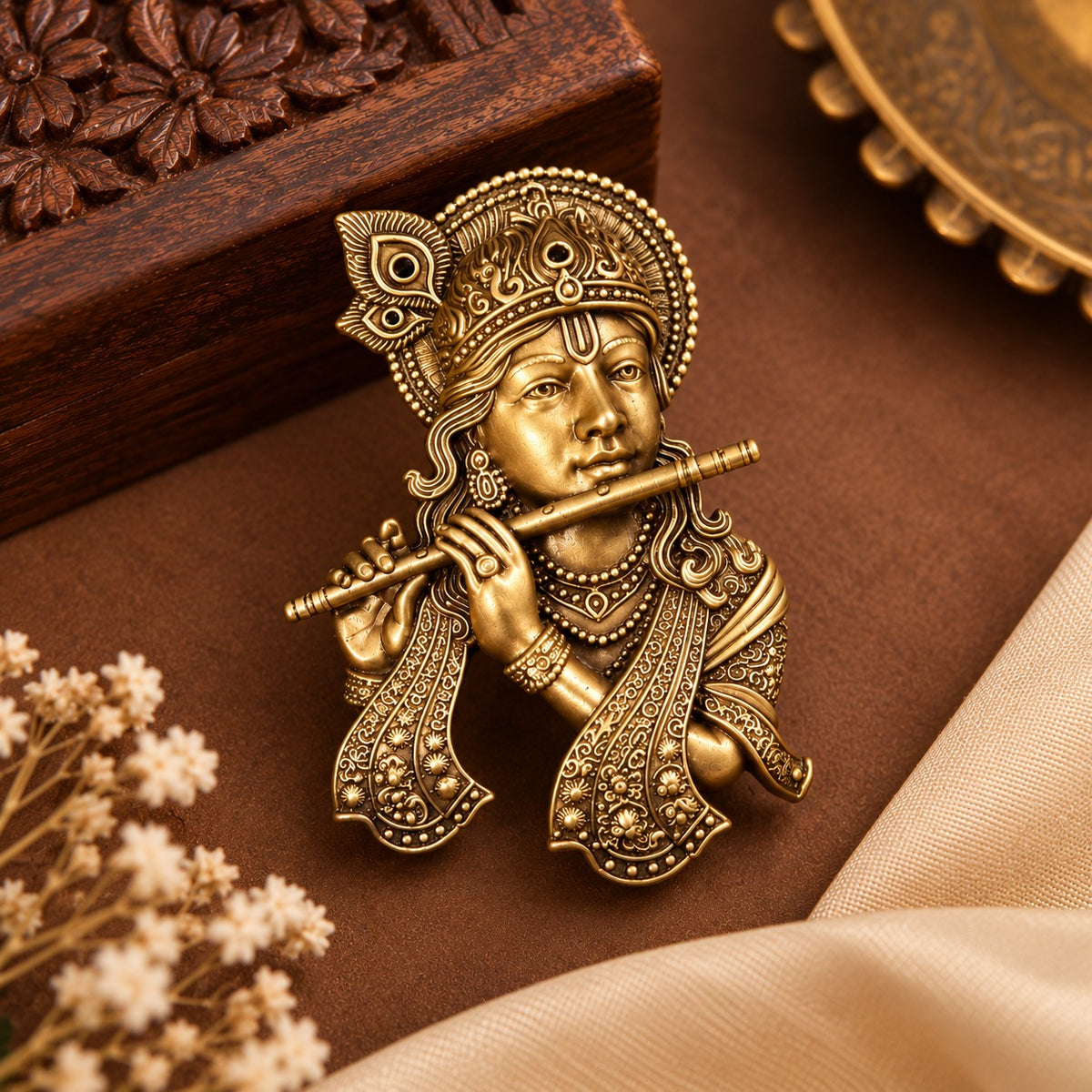 Antique Gold Lord Krishna Flute Brooch for Men
