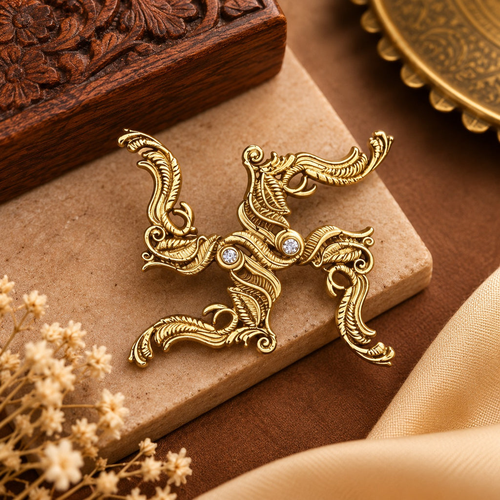 Swastik Gold Brooch with Stone Detailing for Men