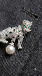 Silver Leopard Brooch with Pearl & Emerald Accent