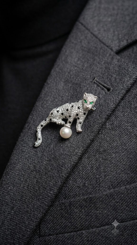 Silver Leopard Brooch with Pearl & Emerald Accent