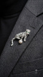Silver Leopard Brooch with Pearl & Emerald Accent