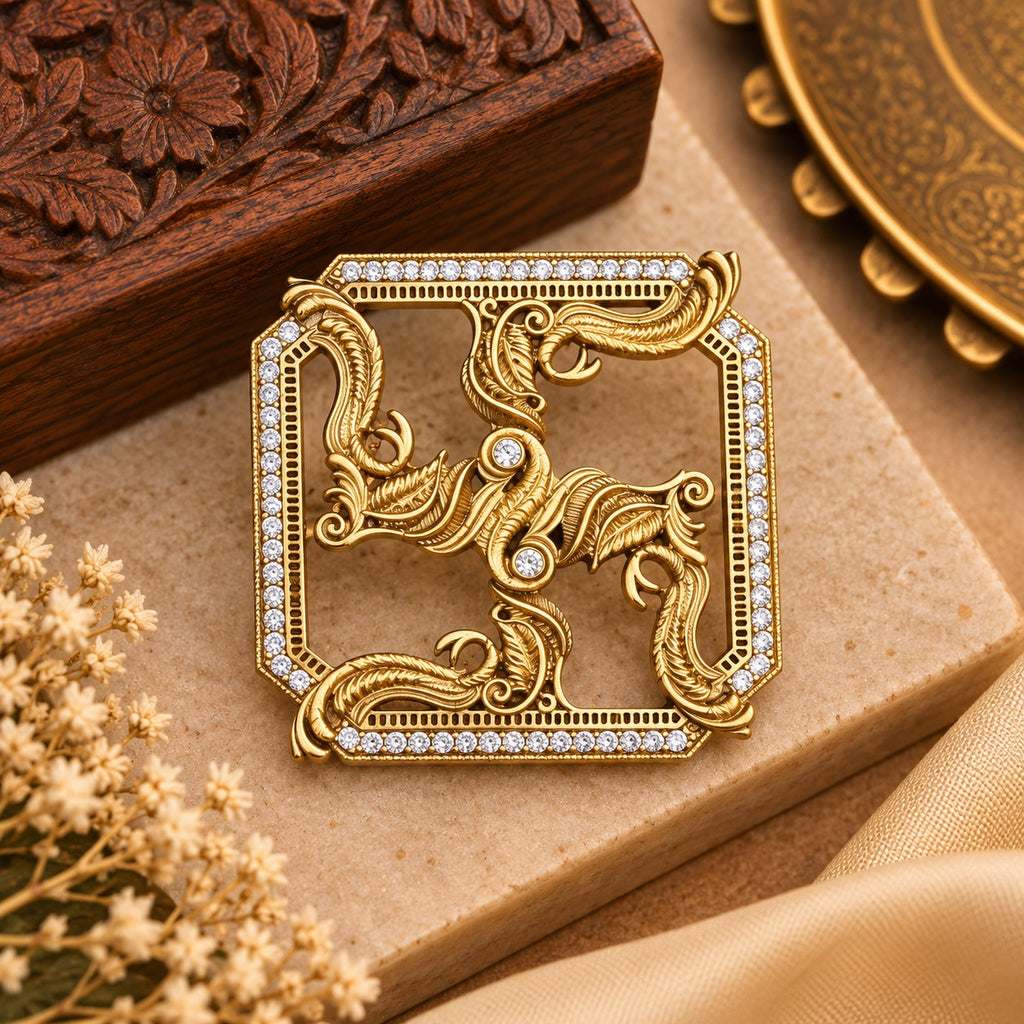 Swastik Square Brooch with Stone Border