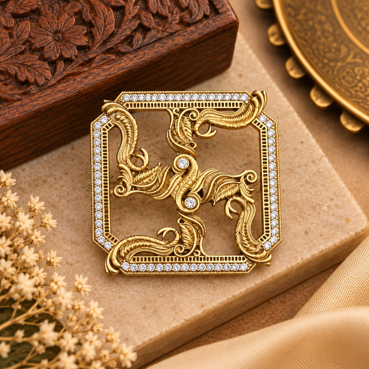 Swastik Square Brooch with Stone Border