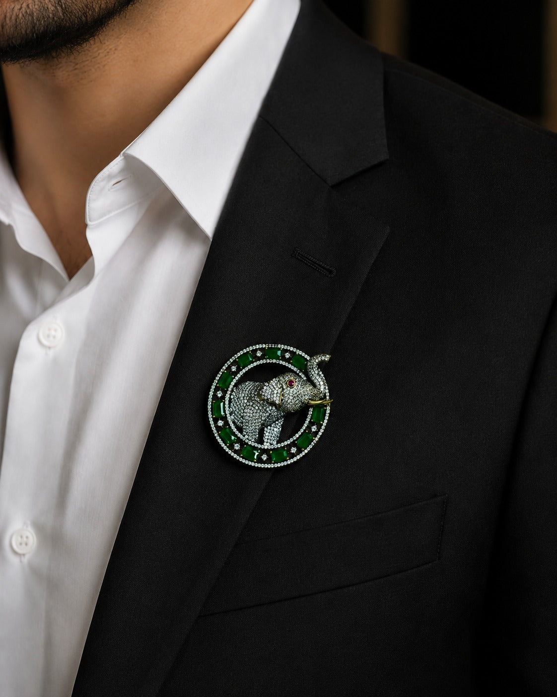 Royal Gajraj Emerald-Green Crystal Elephant Brooch