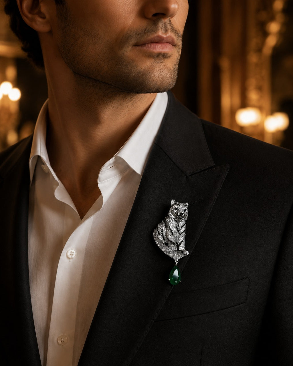 Regal Emerald Tiger Brooch for Men