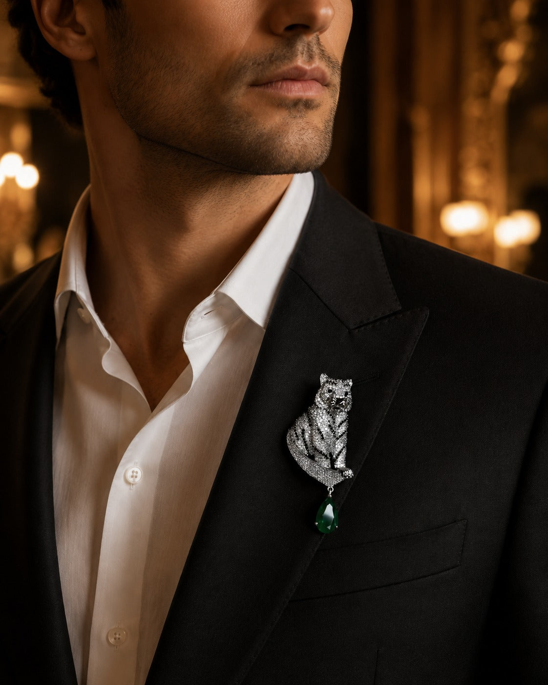 Regal Emerald Tiger Brooch for Men