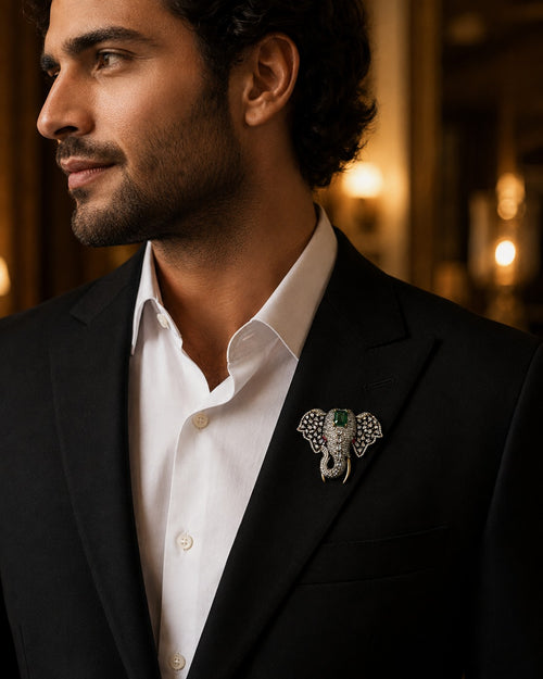Emerald Crown Elephant Brooch for Men