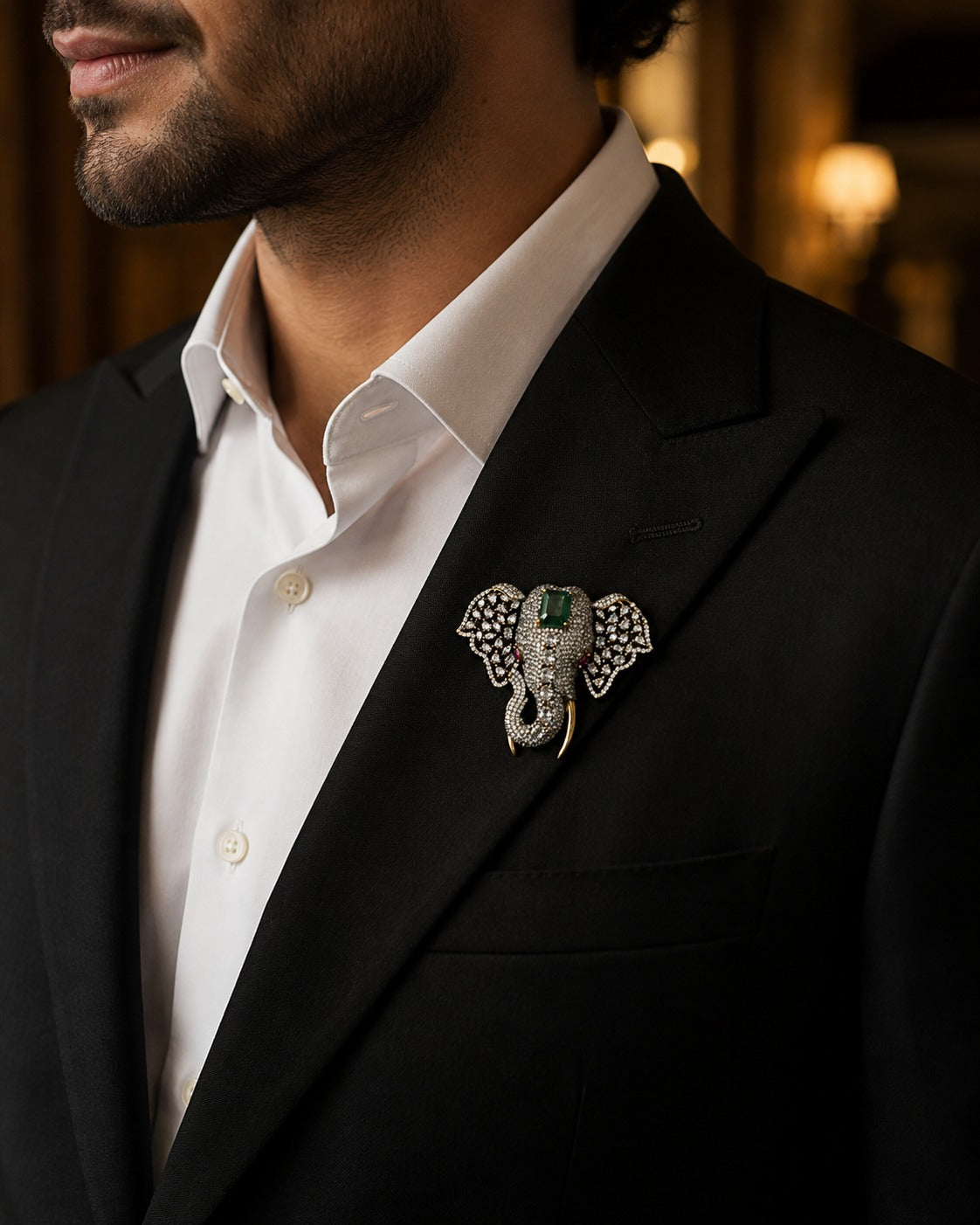 Emerald Crown Elephant Brooch for Men