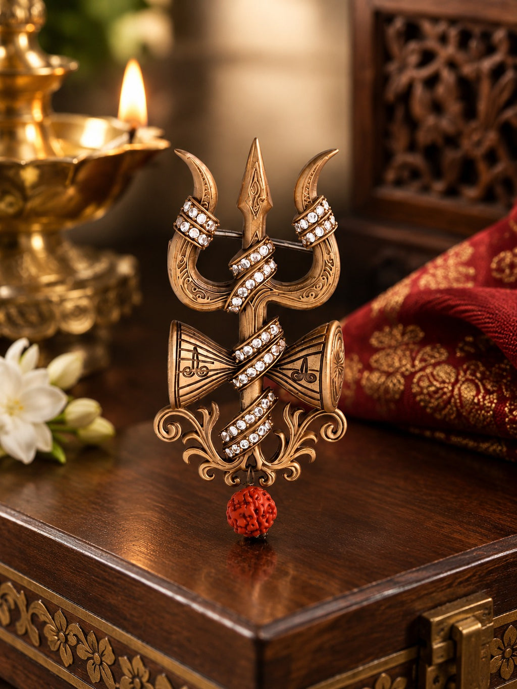Shiva Trishul & Damru Antique Gold Brooch for Men