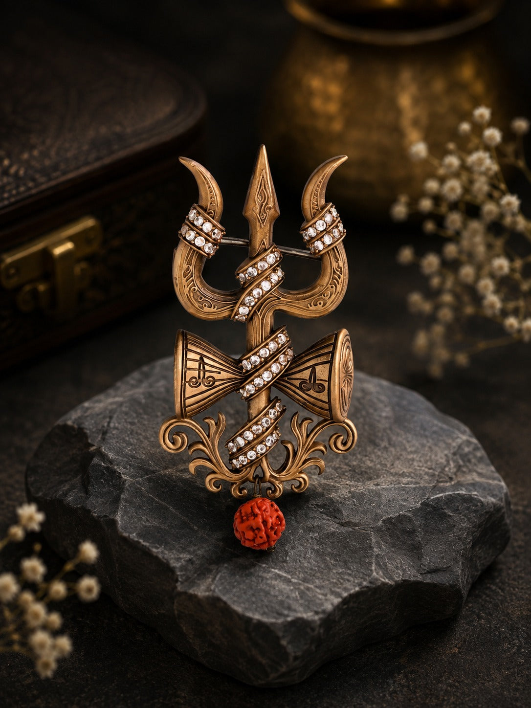 Shiva Trishul & Damru Antique Gold Brooch for Men