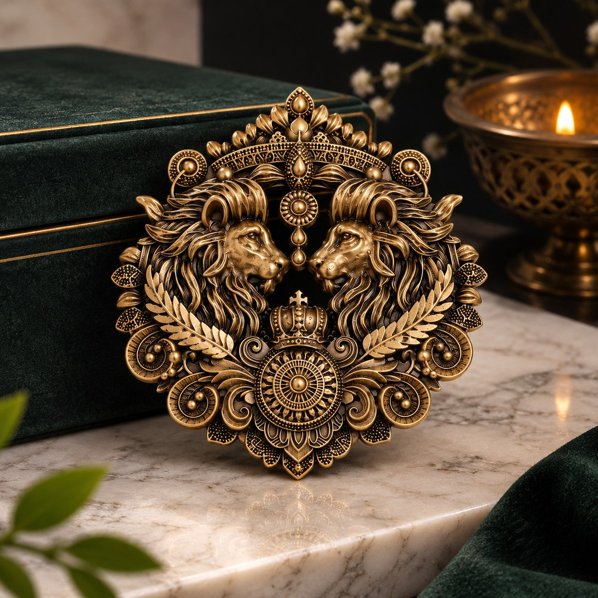 Antique Gold Lion Shield Brooch for Men