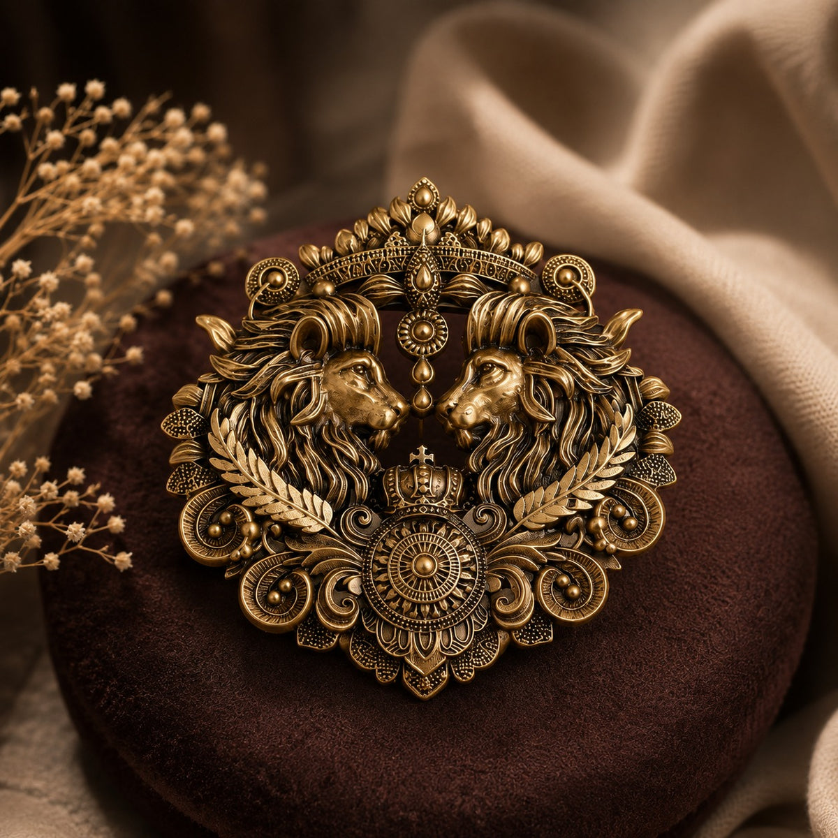 Antique Gold Lion Shield Brooch for Men