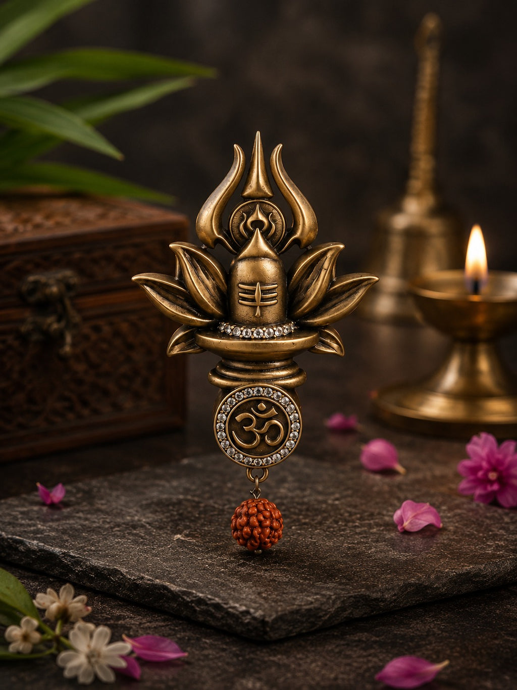 Divine Shivling Trishul Antique Gold Brooch for Men