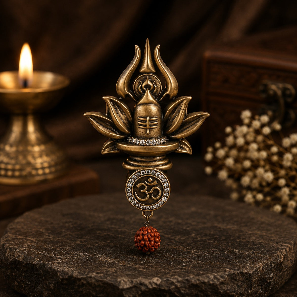 Divine Shivling Trishul Antique Gold Brooch for Men