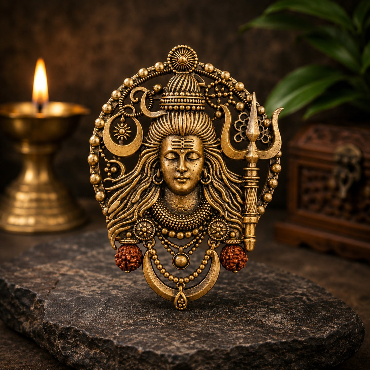 Mahadev Face Antique Gold Brass Brooch for Men