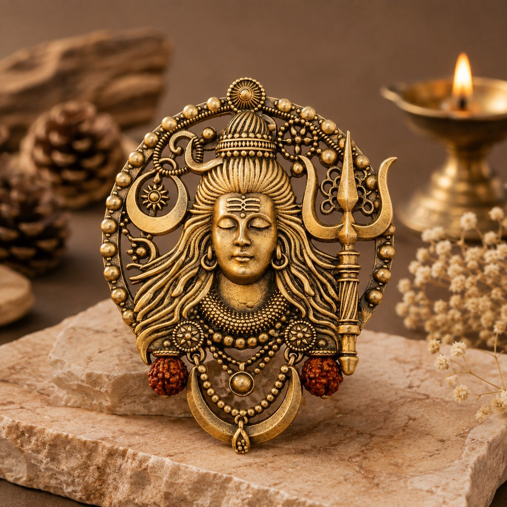 Mahadev Face Antique Gold Brass Brooch for Men