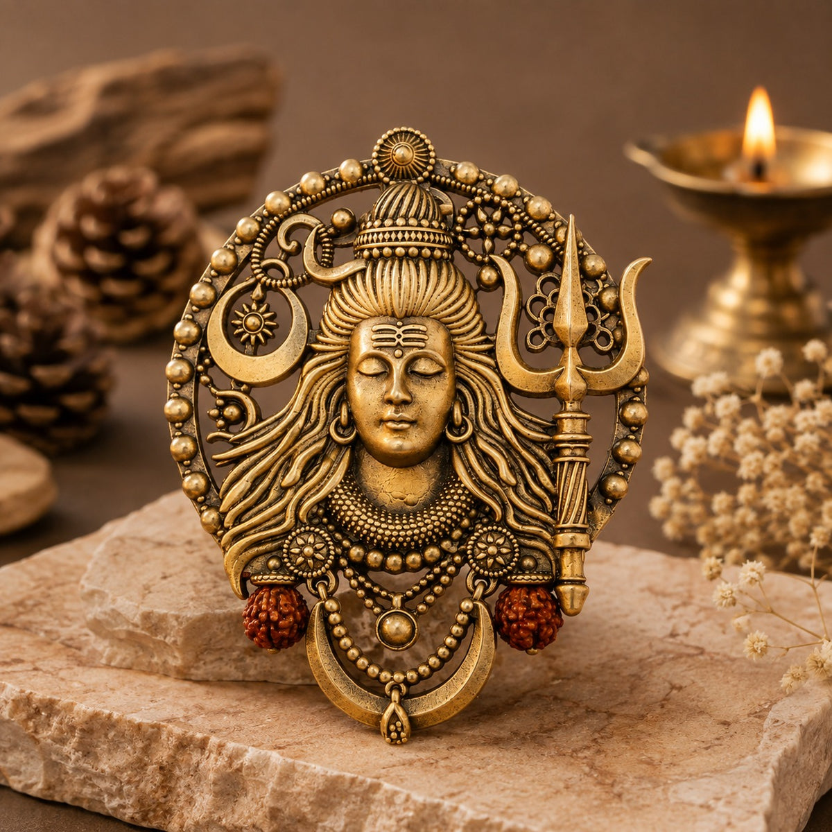 Mahadev Face Antique Gold Brass Brooch for Men